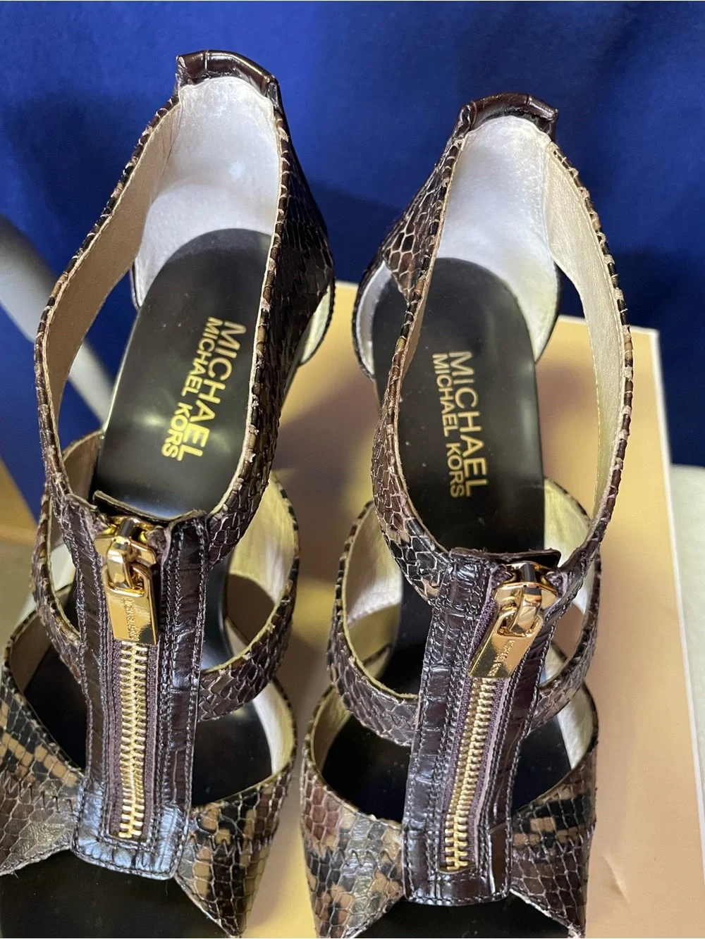 Michael Kors Brown Snake-Print T-Strap Heels with Front Zipper